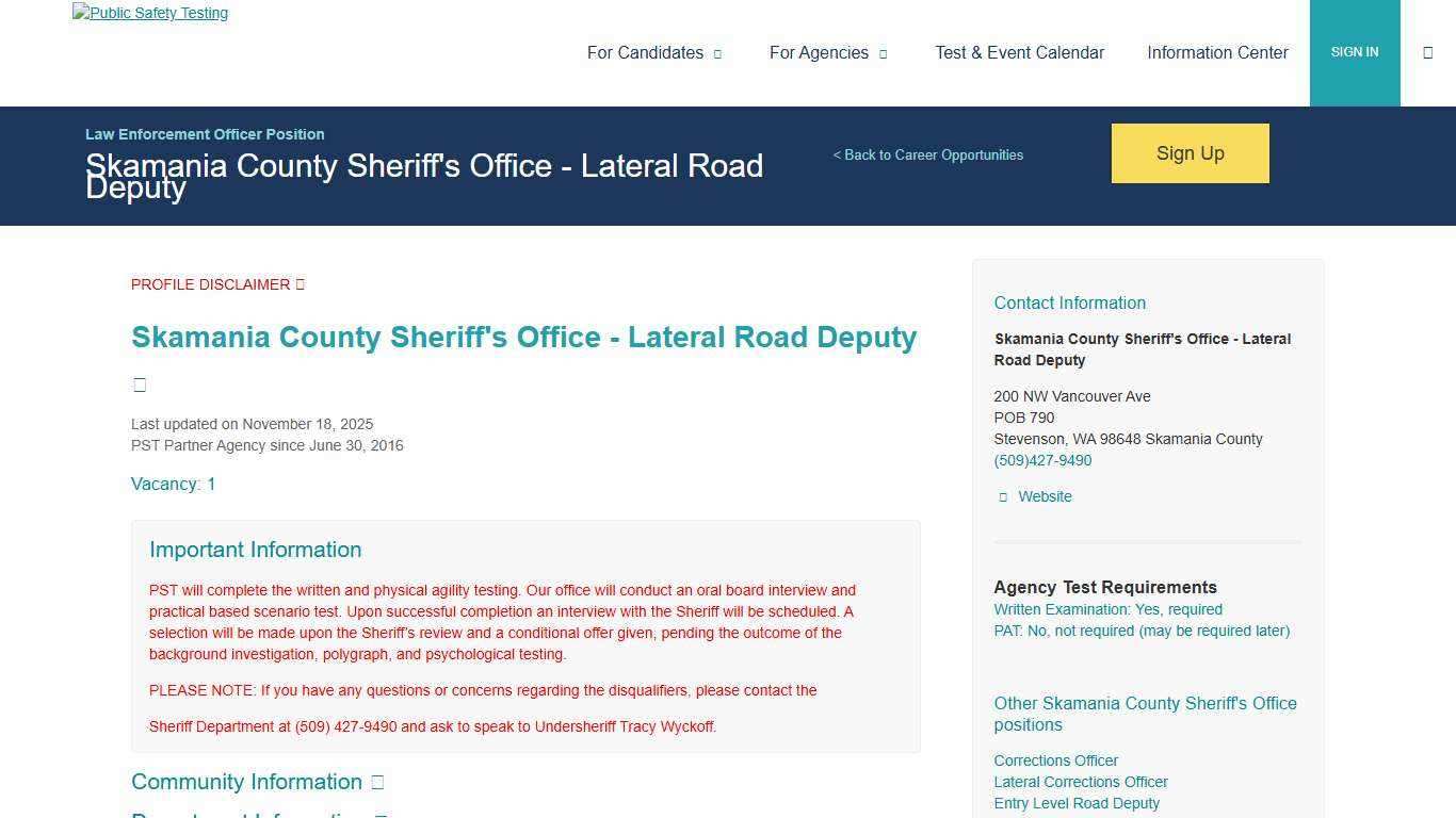 Public Safety Testing - Skamania County Sheriff's Office - Lateral Road Deputy