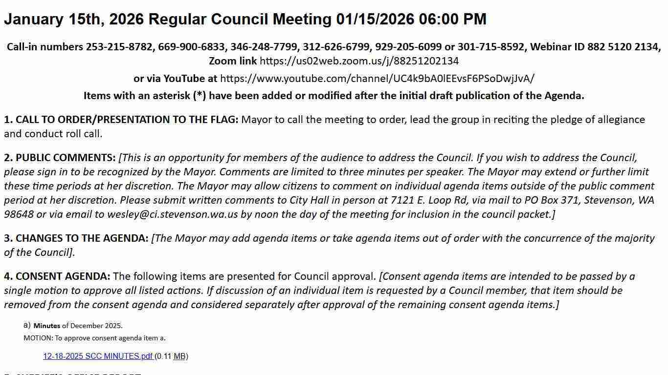 January 15th, 2026 Regular Council Meeting 01/15/2026 06:00 PM | Stevenson, WA